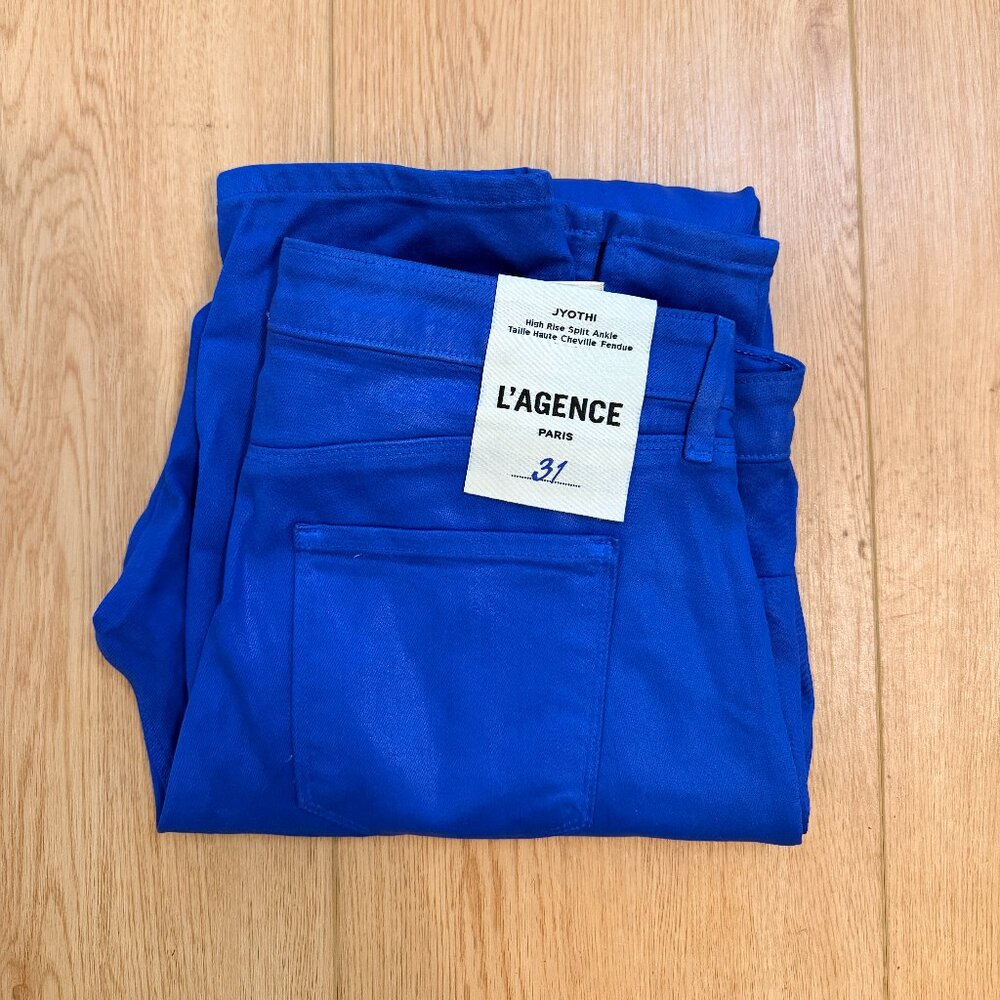 L'AGENCE Jyothi High Rise Split Ankle Jeans, Electric Blue Coated, Size 31 - Picture 2 of 9